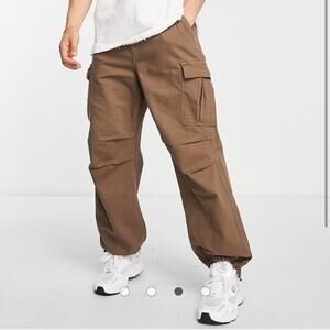 Mens Bershka Parachute Cargo Drawstring Pant Brown XL Cotton
